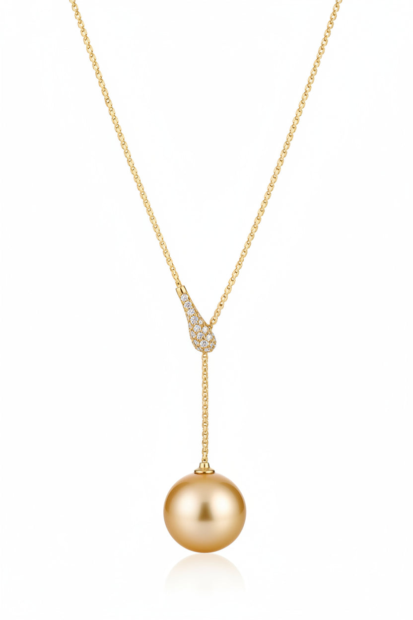 14.1mm Natural South Sea Golden Pearl Pendant Necklace in 18K Gold with Diamond Accents