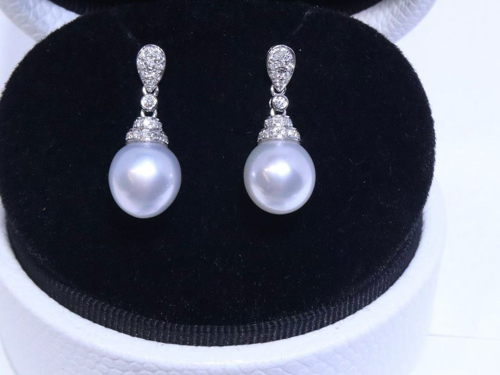 18K White Gold Diamond-Set 9mm Australian South Sea Pearl Stud Earrings