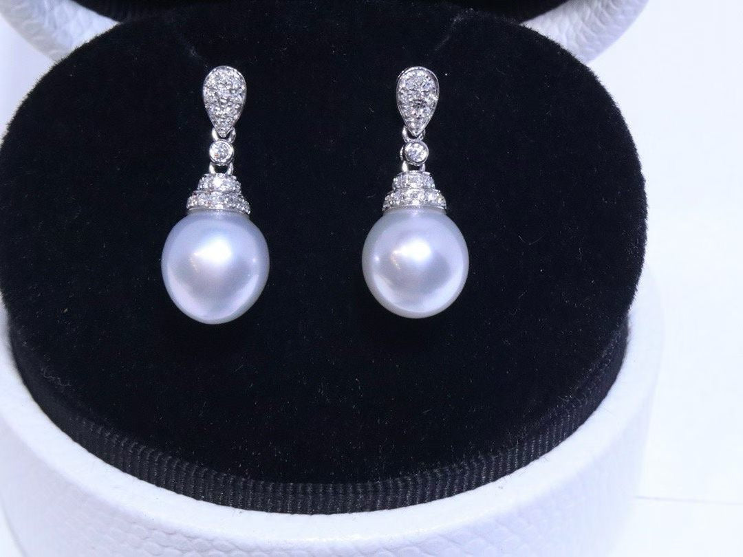 18K White Gold Diamond-Set 9mm Australian South Sea Pearl Stud Earrings