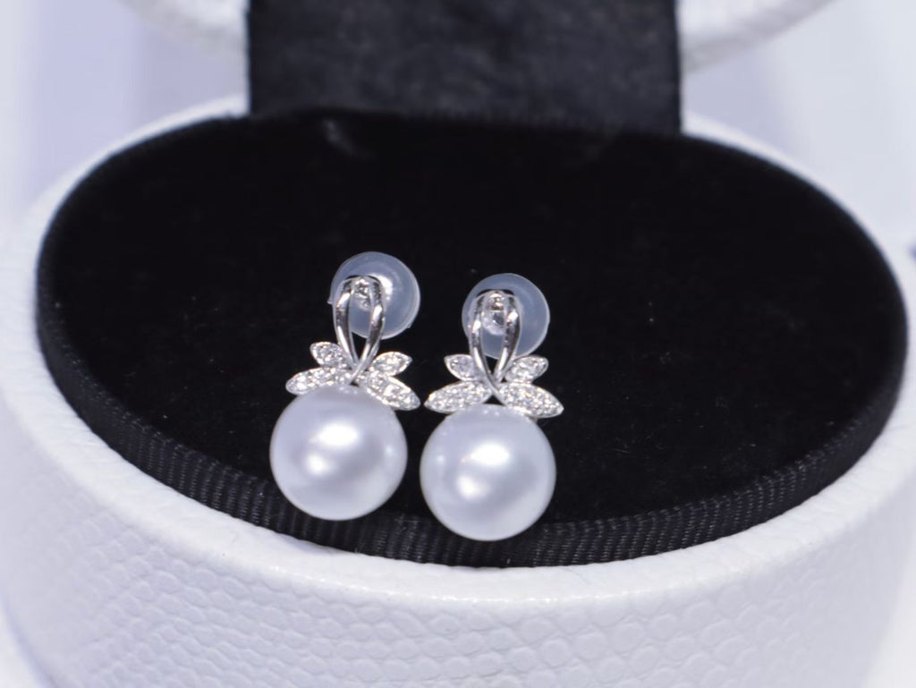 18K White Gold Diamond Butterfly Australian South Sea Pearl Stud Earrings