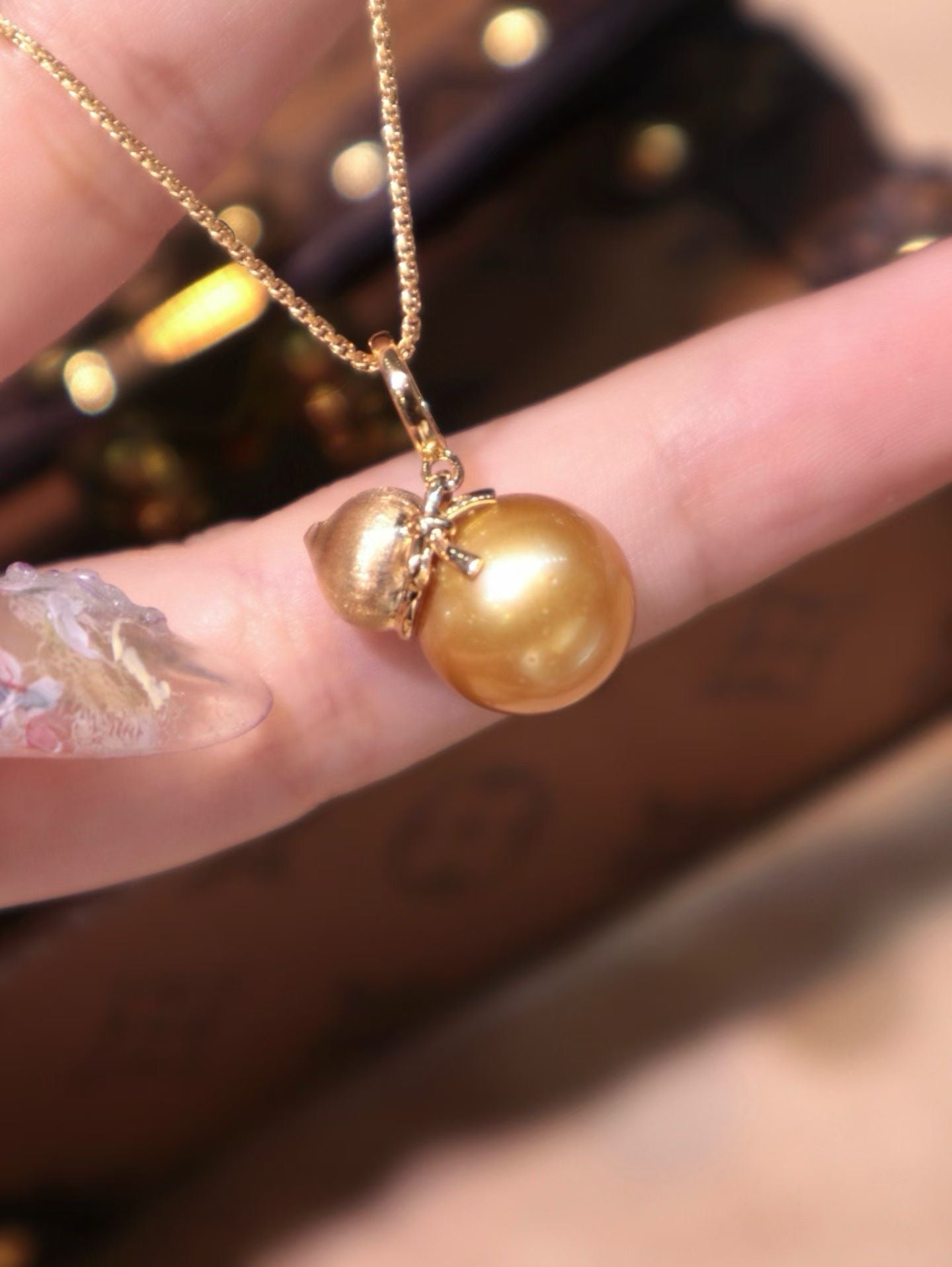 18K Gold Natural 12mm South Sea Golden Pearl Pendant Necklace