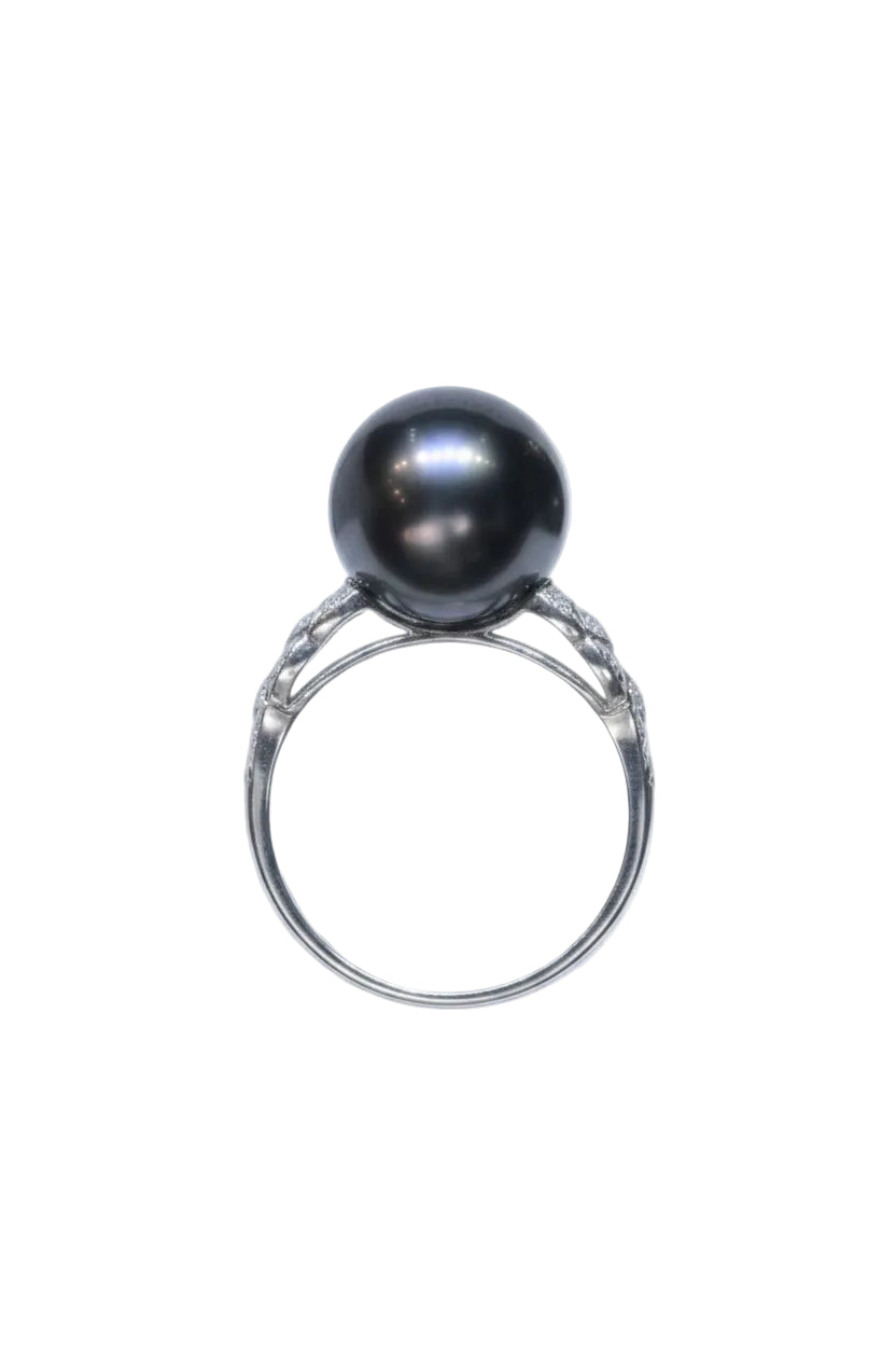 11mm Tahitian Black Pearl Ring in 18K White Gold with Diamond Accents