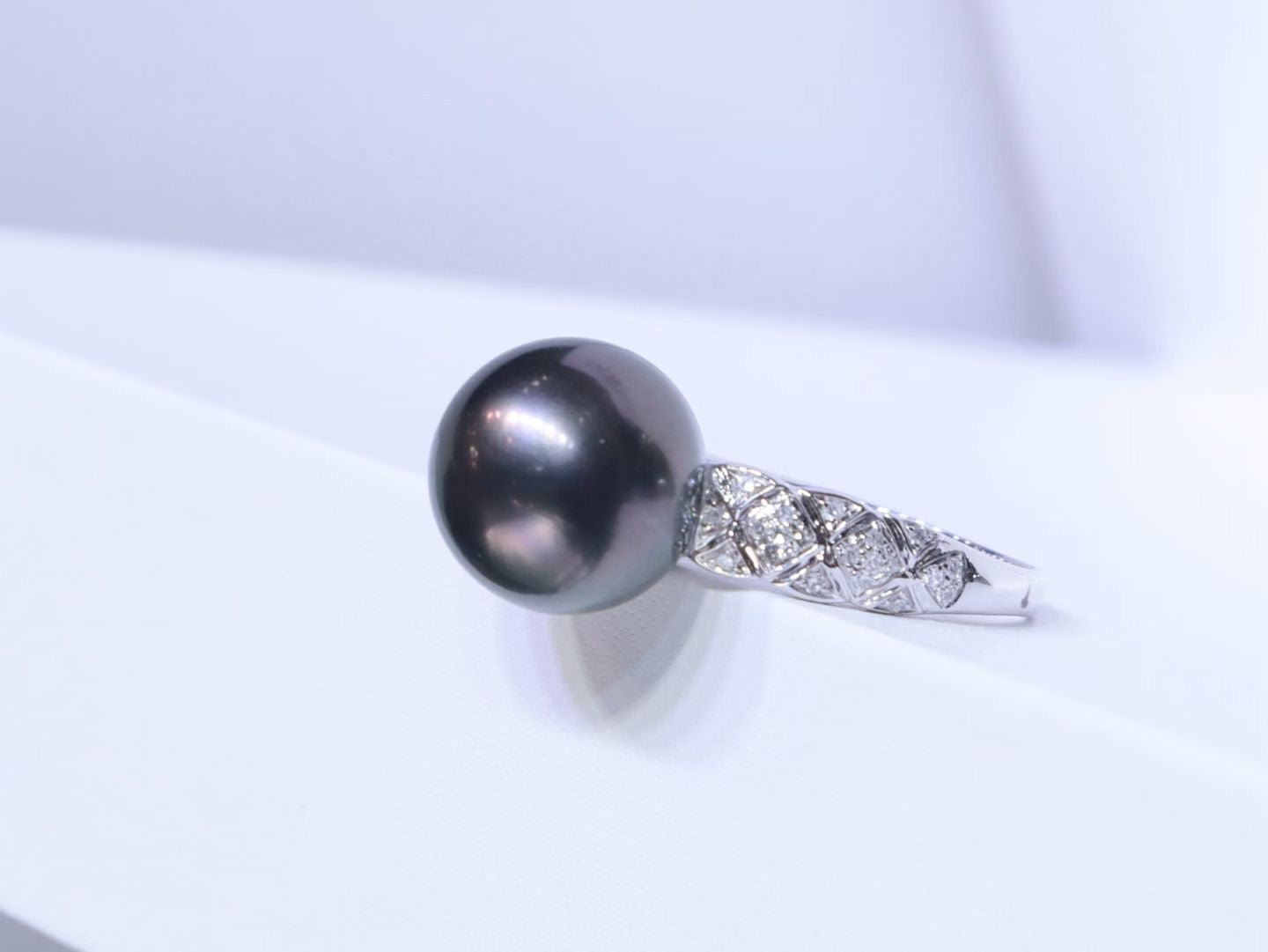 11mm Tahitian Black Pearl Ring in 18K White Gold with Diamond Accents