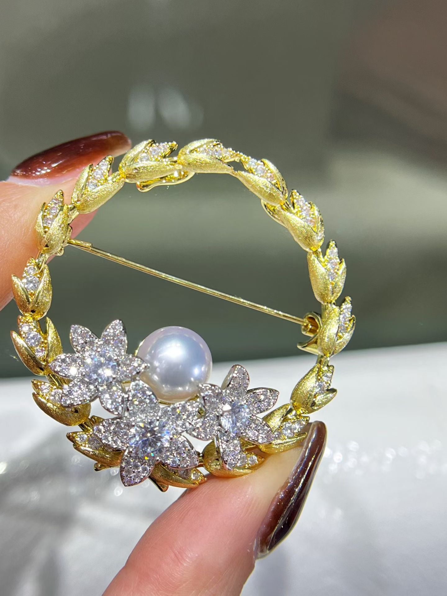 Natural Freshwater Pearl Floral Wreath Brooch with Crystal Accents