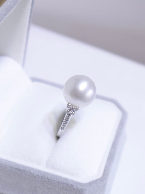 12.4mm Australian South Sea Pearl Ring in 18K White Gold with Diamond Accents
