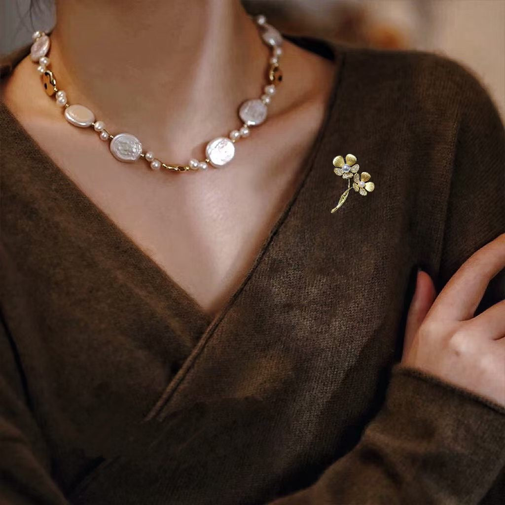 Golden Floral Freshwater Pearl Brooch