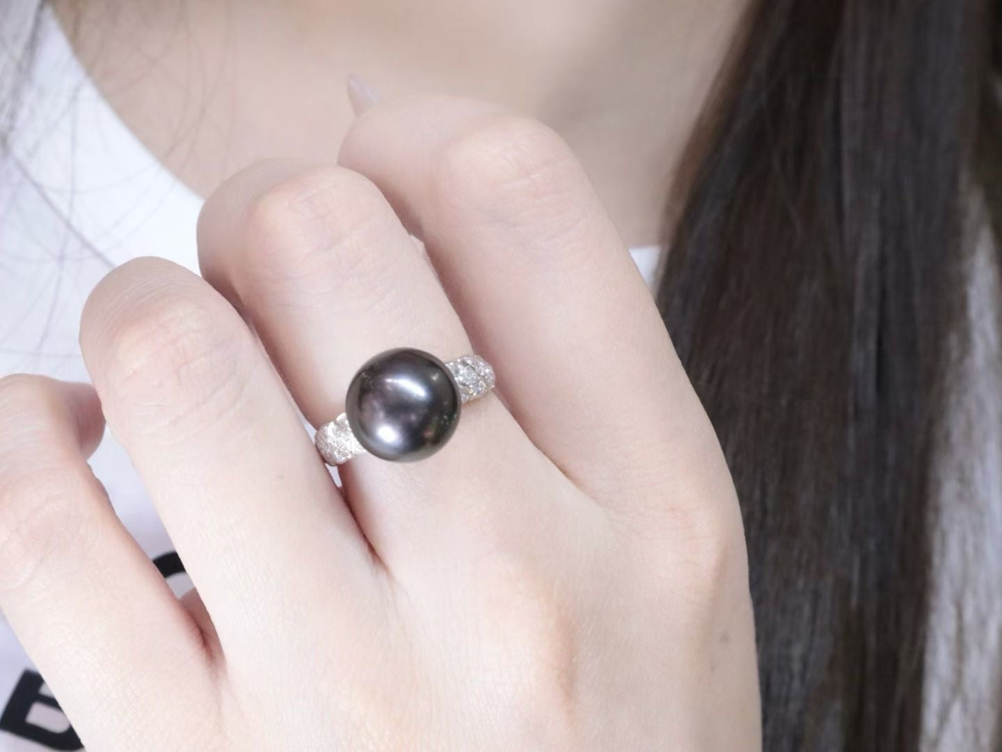 11mm Tahitian Black Pearl Ring in 18K White Gold with Diamond Accents