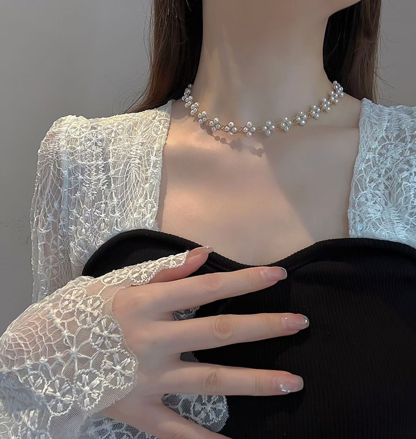 Lace Woven Natural Freshwater Pearl Choker Necklace