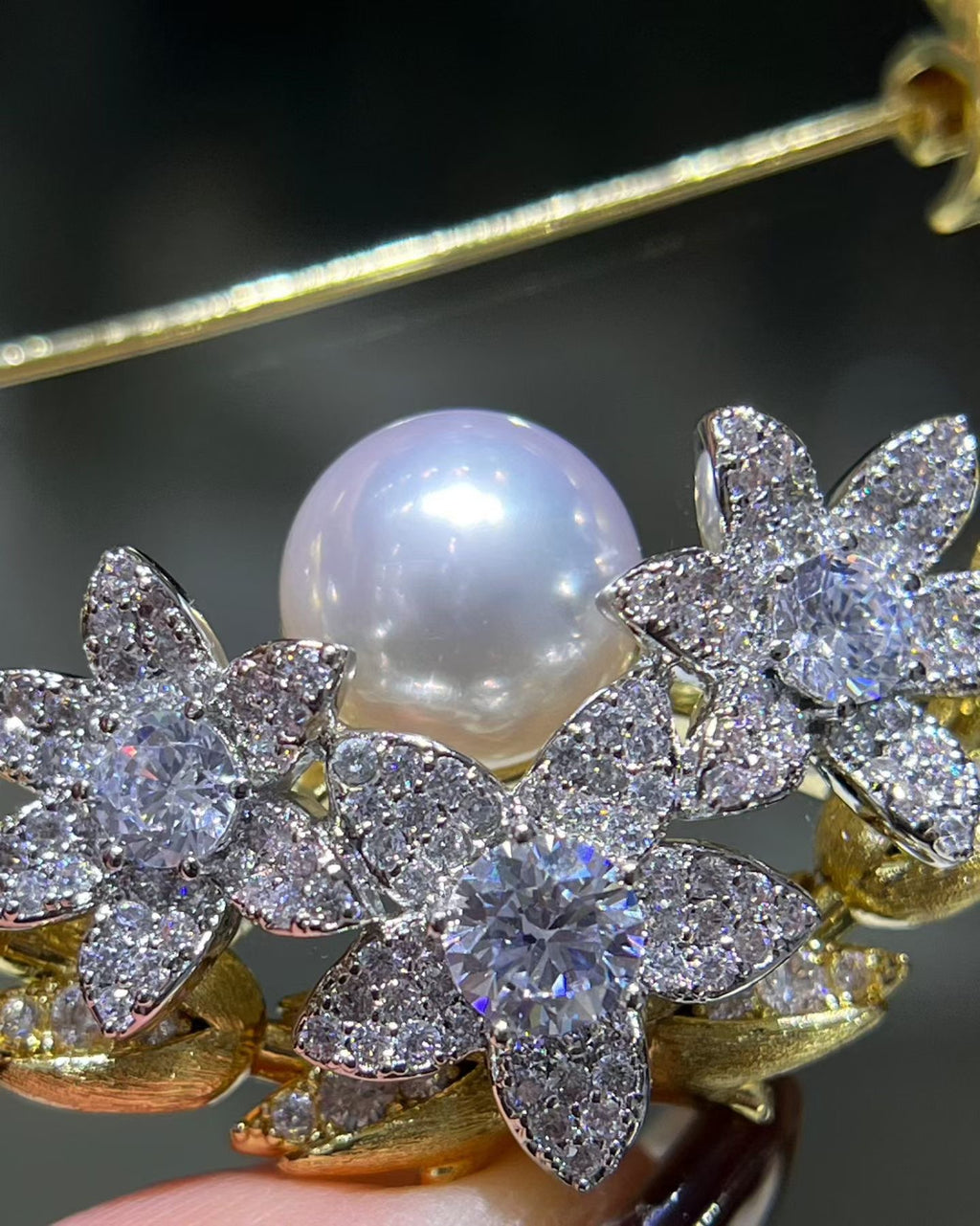 Natural Freshwater Pearl Floral Wreath Brooch with Crystal Accents