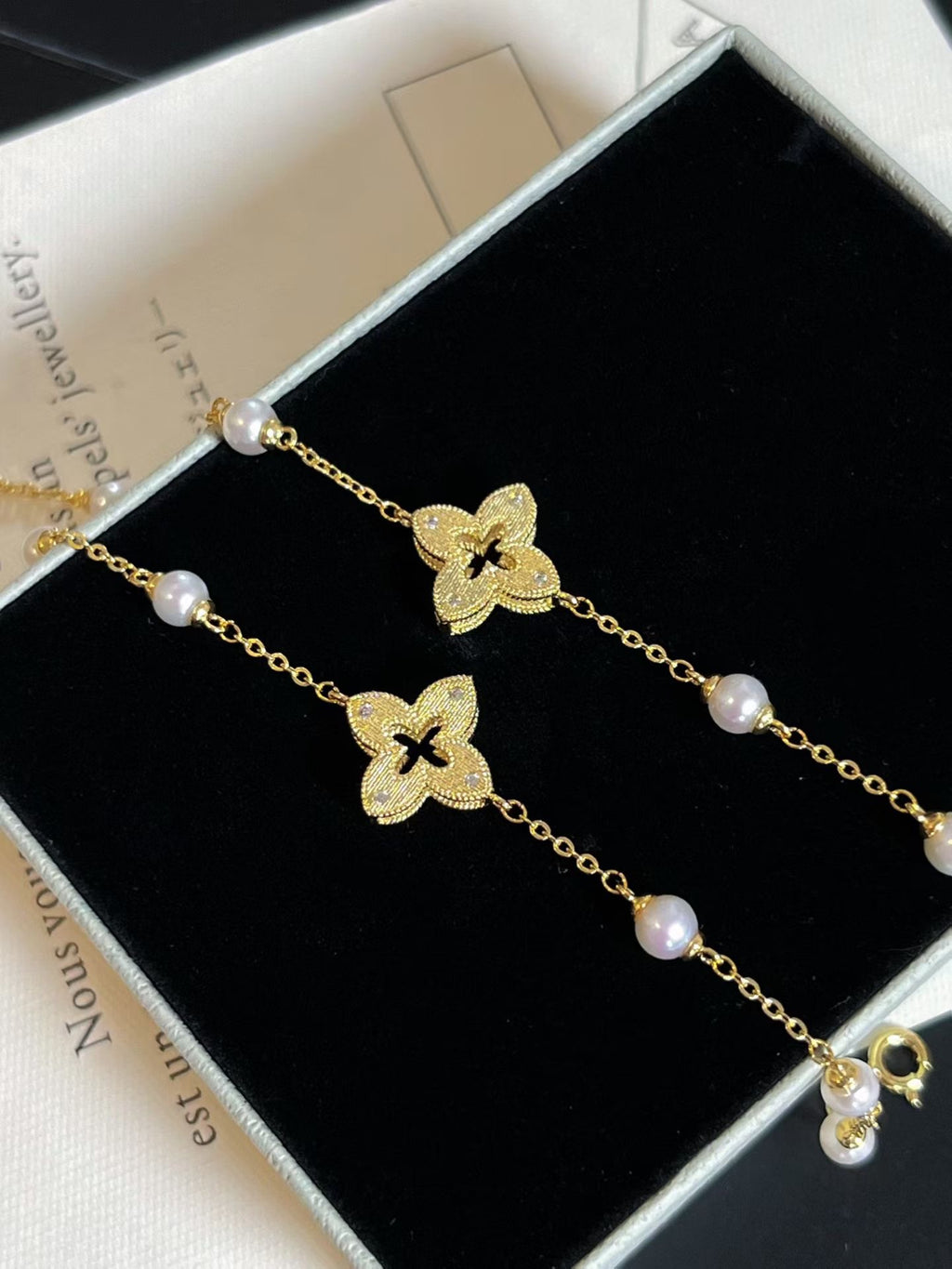 Natural Freshwater Pearl Four-Leaf Clover Charm Bracelet