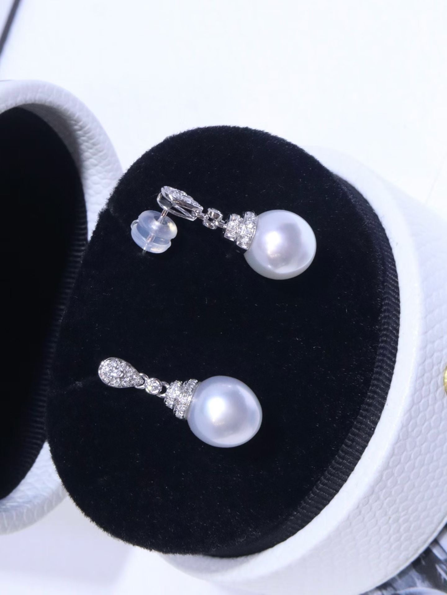18K White Gold Diamond-Set 9mm Australian South Sea Pearl Stud Earrings