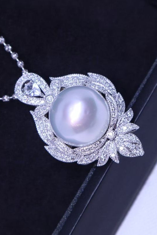 Australian South Sea Pearl Pendant Necklace in 18K White Gold with Diamond Accents