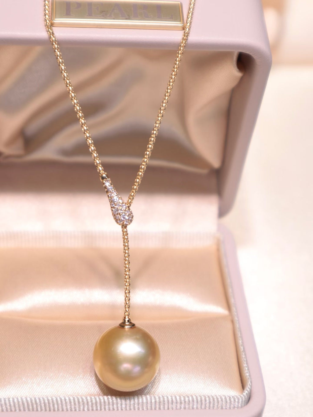 14.1mm Natural South Sea Golden Pearl Pendant Necklace in 18K Gold with Diamond Accents