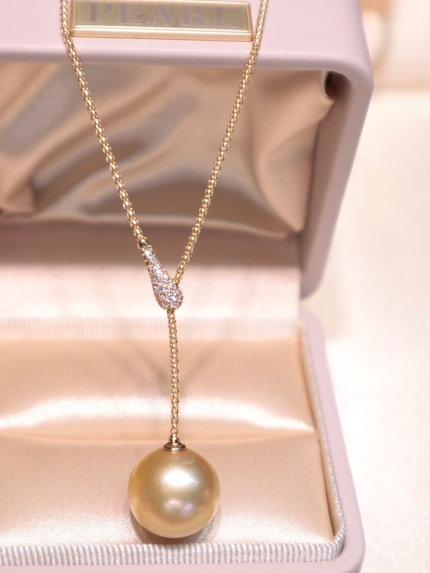 14.1mm Natural South Sea Golden Pearl Pendant Necklace in 18K Gold with Diamond Accents