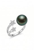 Tahitian Black Pearl Open Ring in 18K White Gold with Diamond Accents
