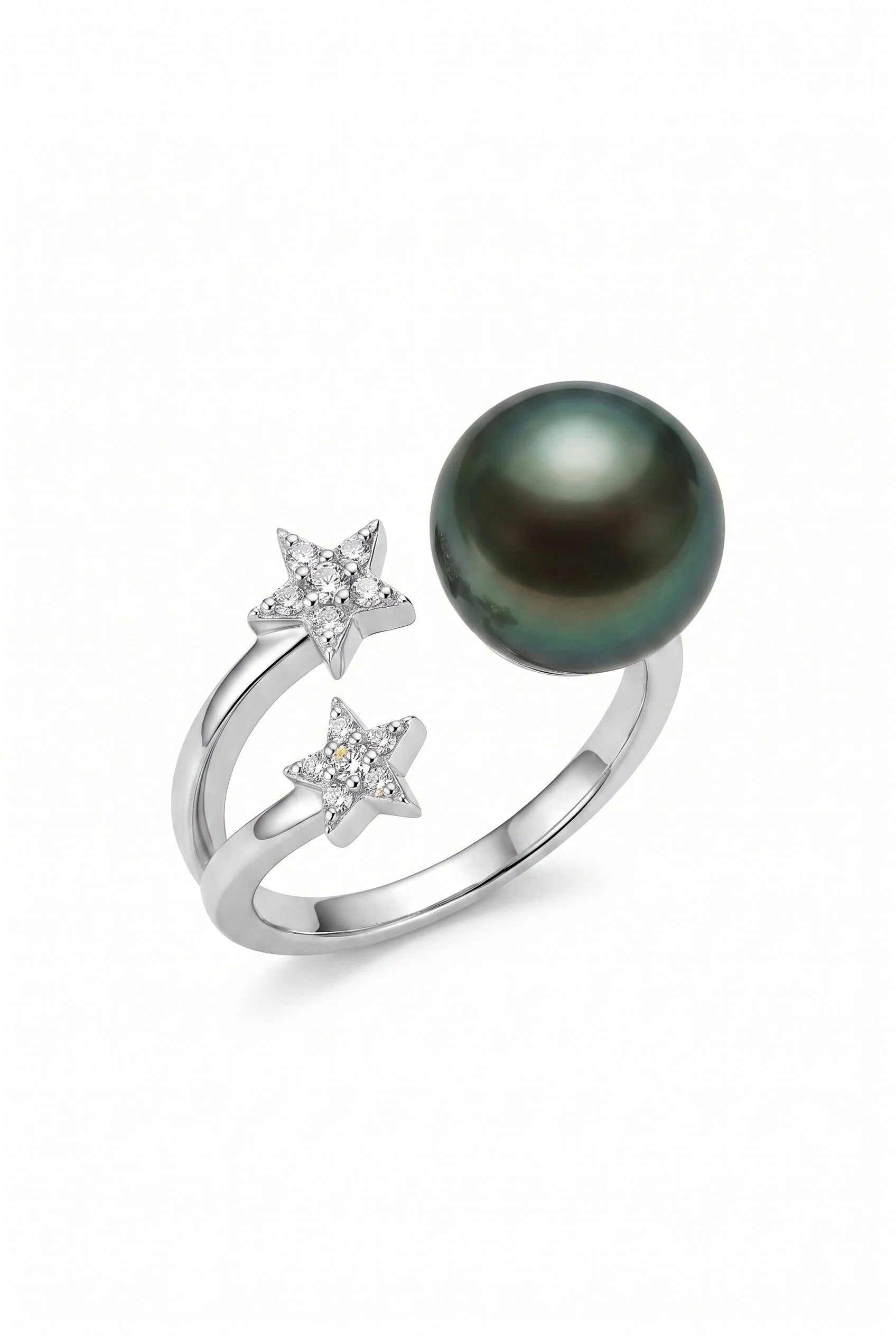 Tahitian Black Pearl Open Ring in 18K White Gold with Diamond Accents