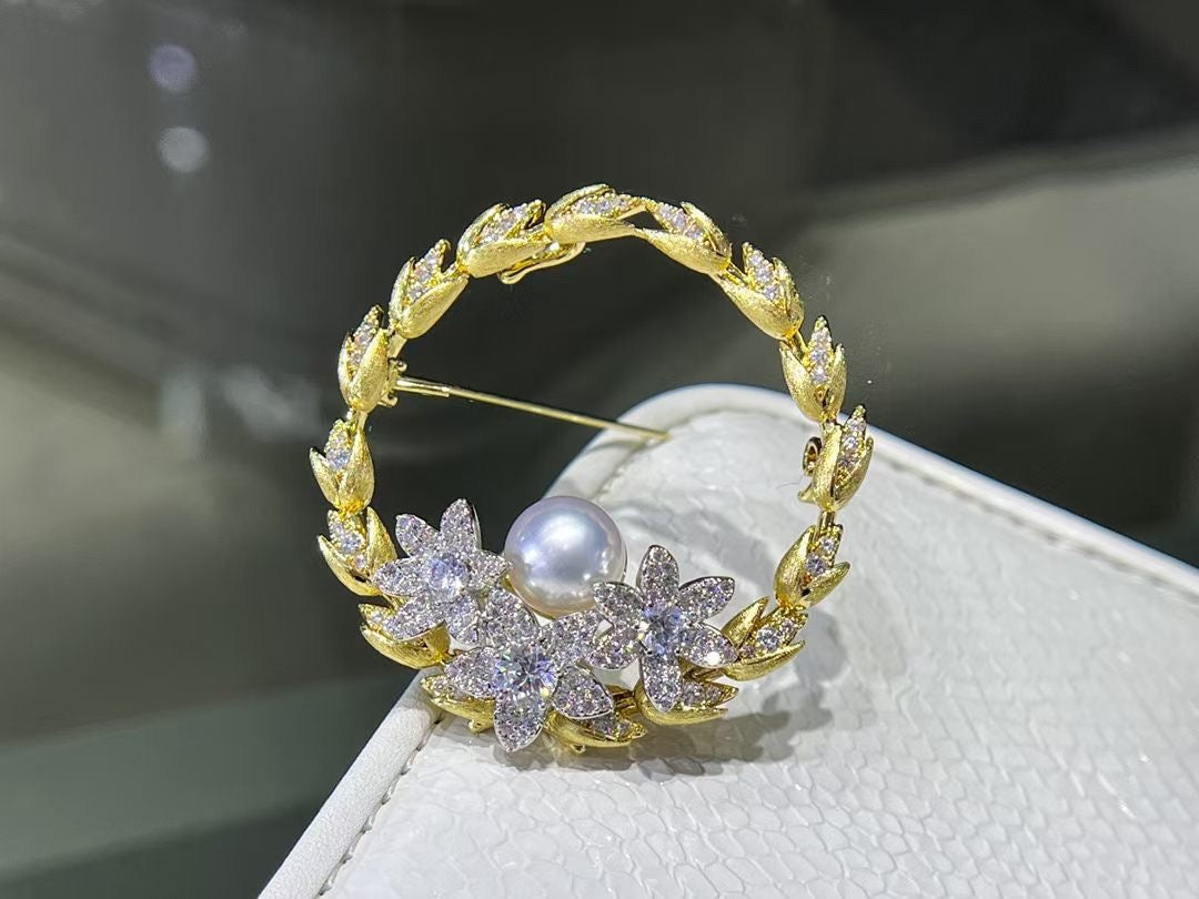 Natural Freshwater Pearl Floral Wreath Brooch with Crystal Accents
