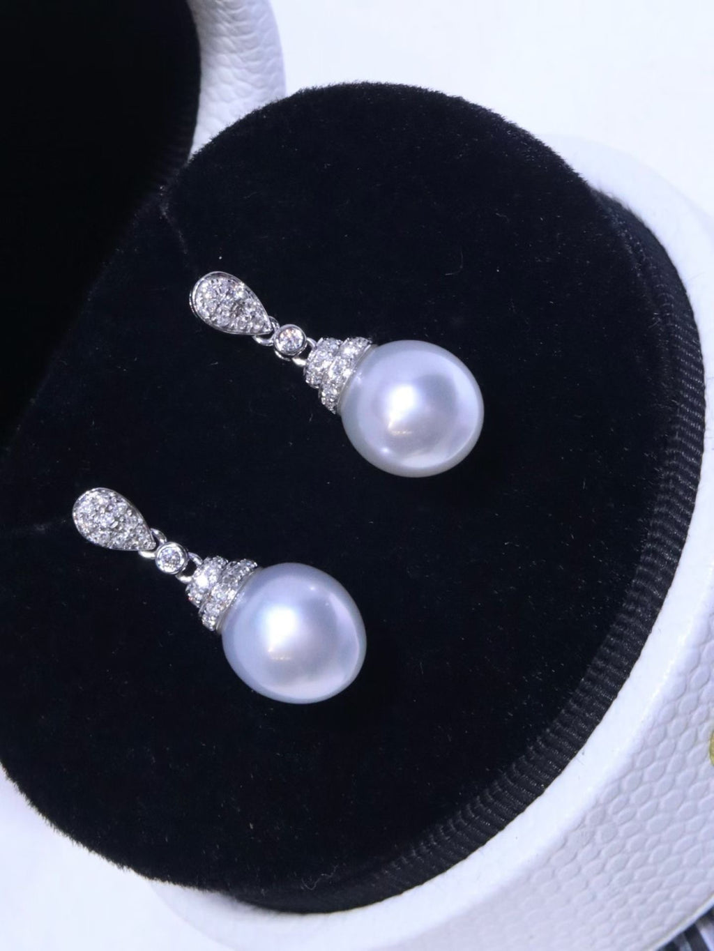 18K White Gold Diamond-Set 9mm Australian South Sea Pearl Stud Earrings