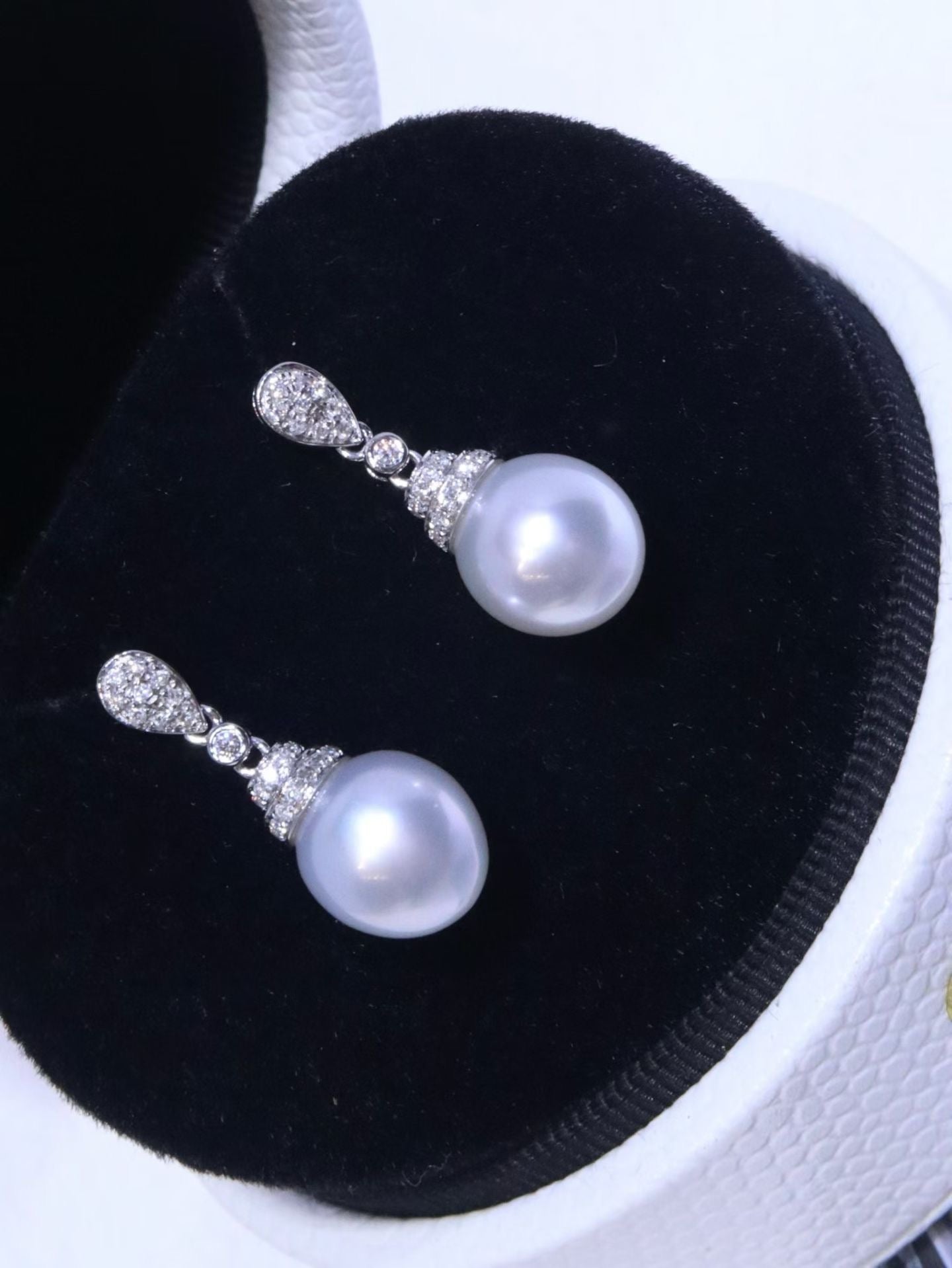 18K White Gold Diamond-Set 9mm Australian South Sea Pearl Stud Earrings