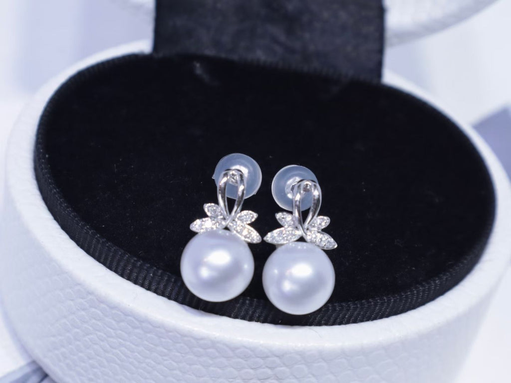 18K White Gold Diamond Butterfly Australian South Sea Pearl Stud Earrings