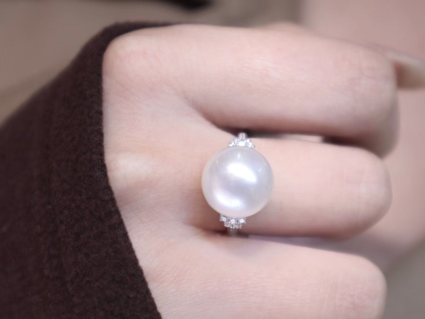 12.4mm Australian South Sea Pearl Ring in 18K White Gold with Diamond Accents