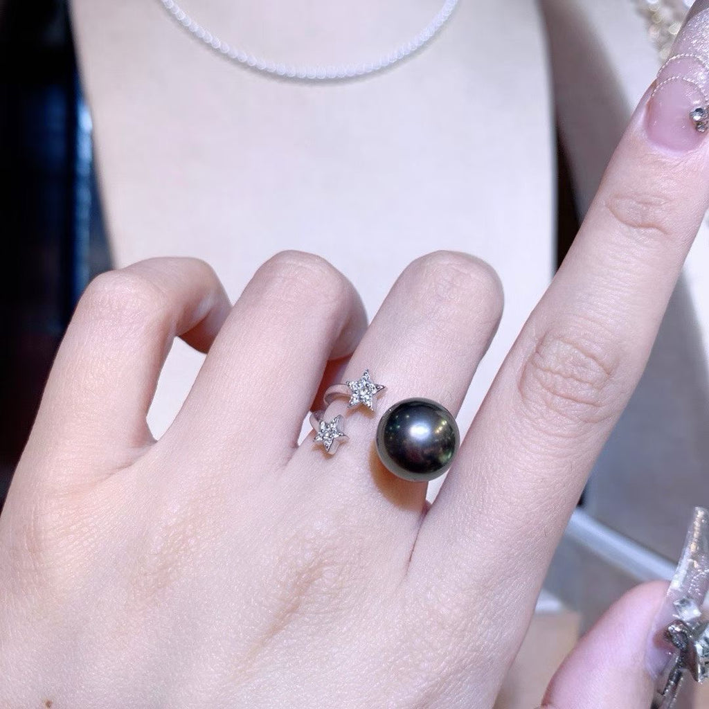 Tahitian Black Pearl Open Ring in 18K White Gold with Diamond Accents