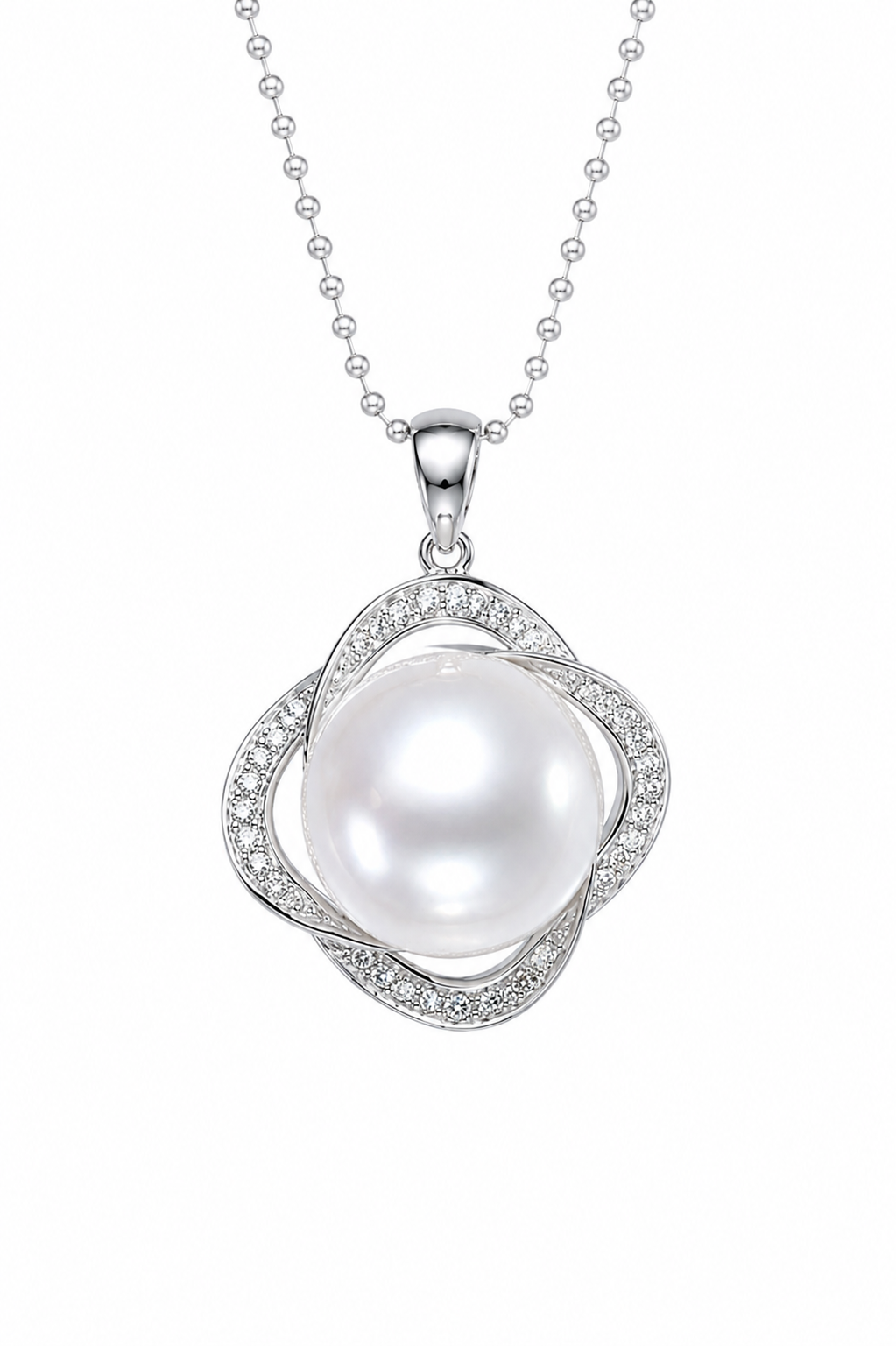 Australian South Sea Pearl Four-Leaf Clover Pendant Necklace in 18K White Gold with Diamonds