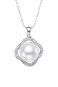 Australian South Sea Pearl Four-Leaf Clover Pendant Necklace in 18K White Gold with Diamonds