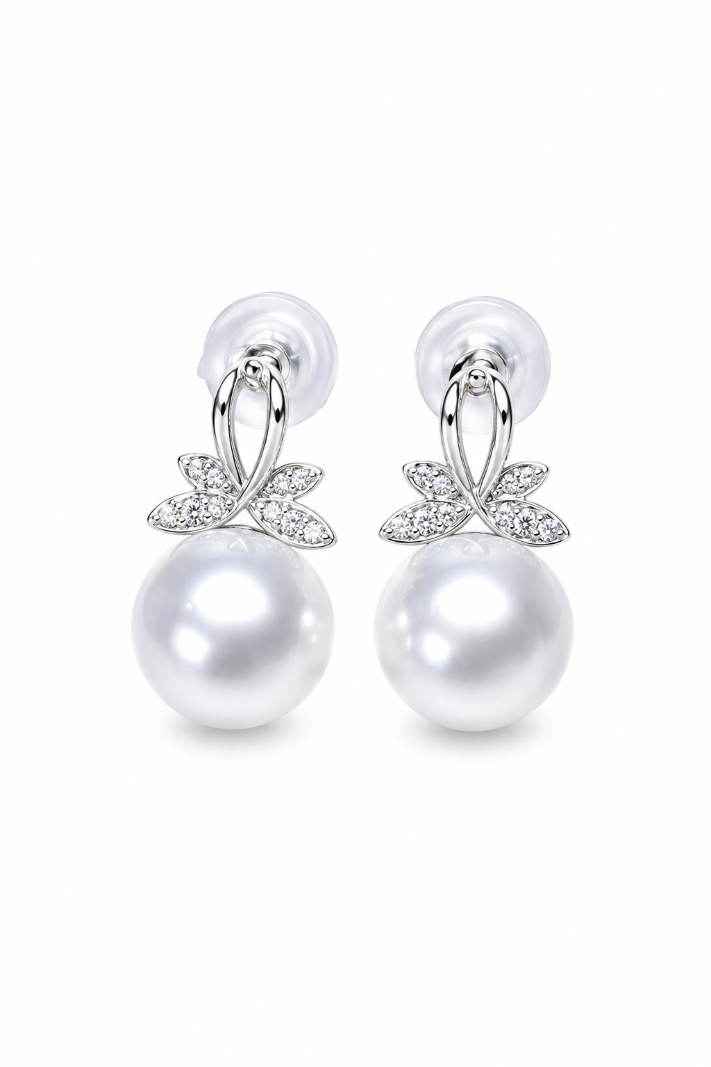 18K White Gold Diamond Butterfly Australian South Sea Pearl Stud Earrings
