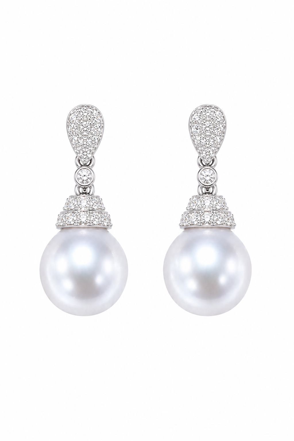 18K White Gold Diamond-Set 9mm Australian South Sea Pearl Stud Earrings