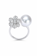 18K White Gold Diamond Australian South Sea Pearl Flower Ring