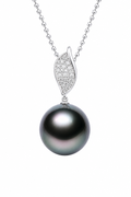 18K White Gold Diamond 13.5mm Tahitian Black Pearl Pendant Necklace