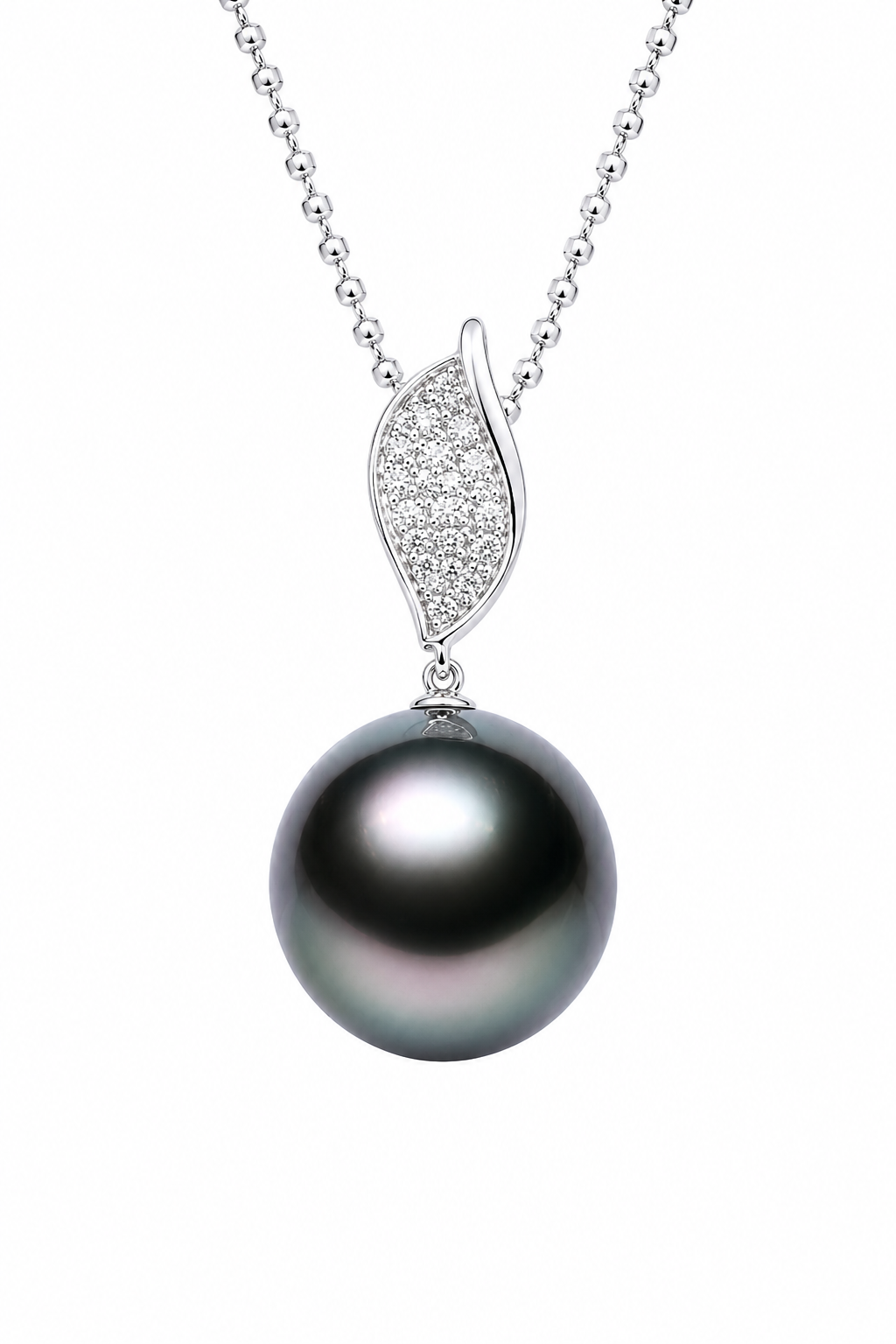 18K White Gold Diamond 13.5mm Tahitian Black Pearl Pendant Necklace