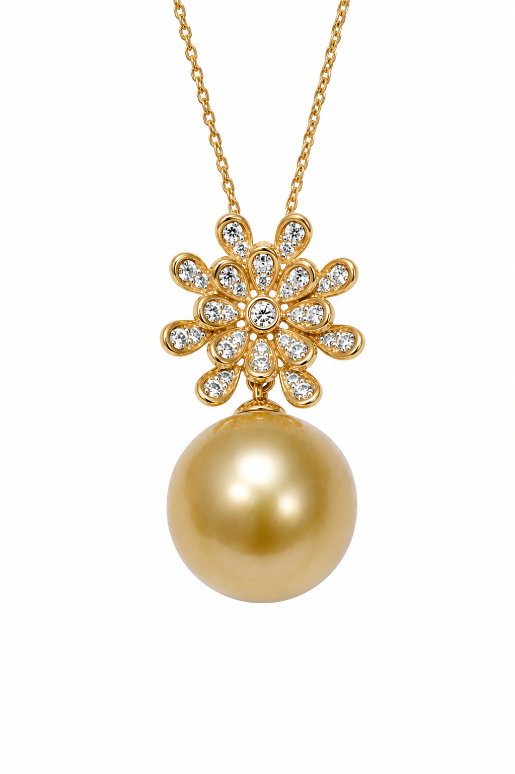 18K Gold Diamond Natural 14.3mm South Sea Golden Pearl Pendant Necklace