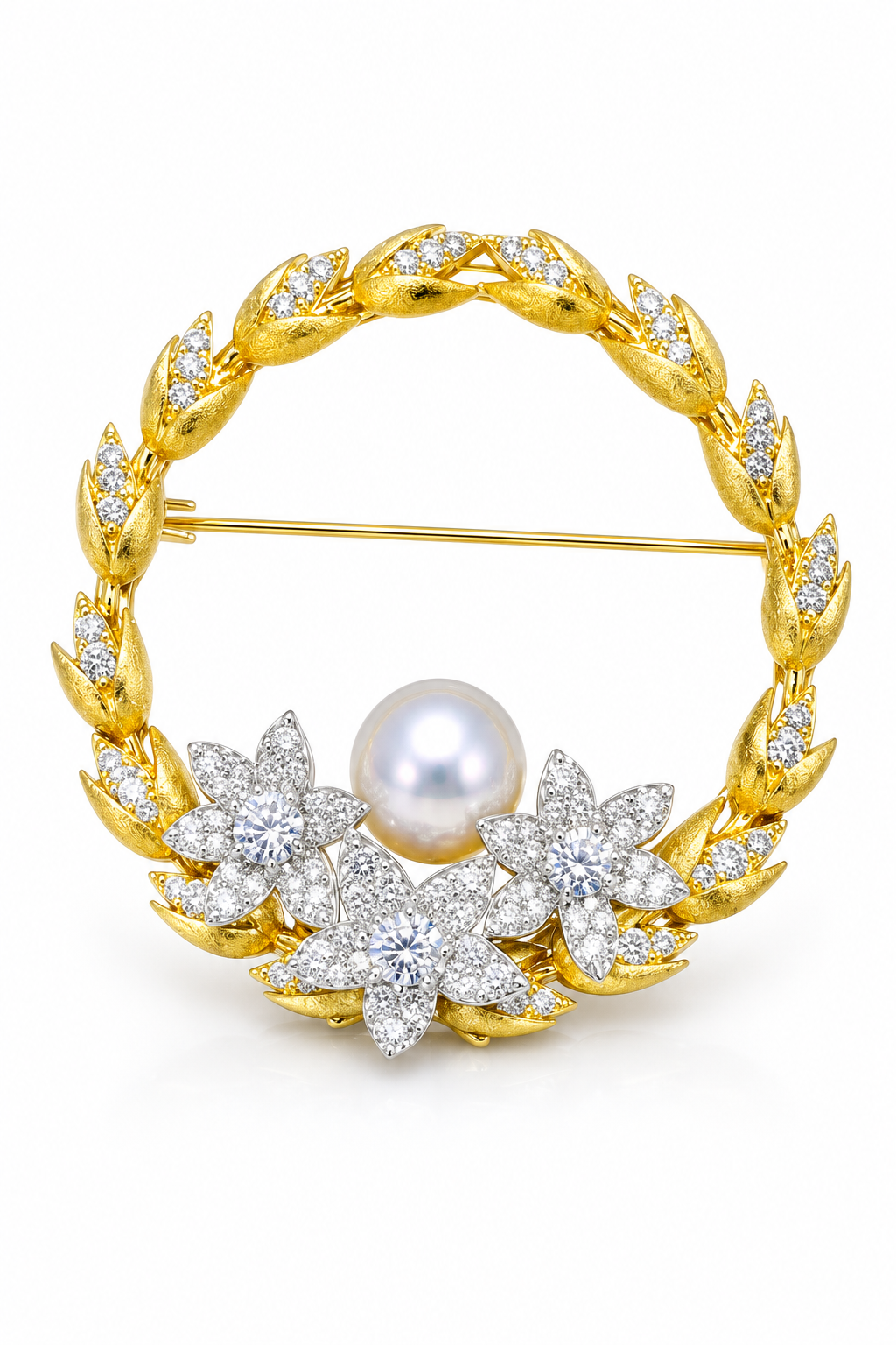 Natural Freshwater Pearl Floral Wreath Brooch with Crystal Accents