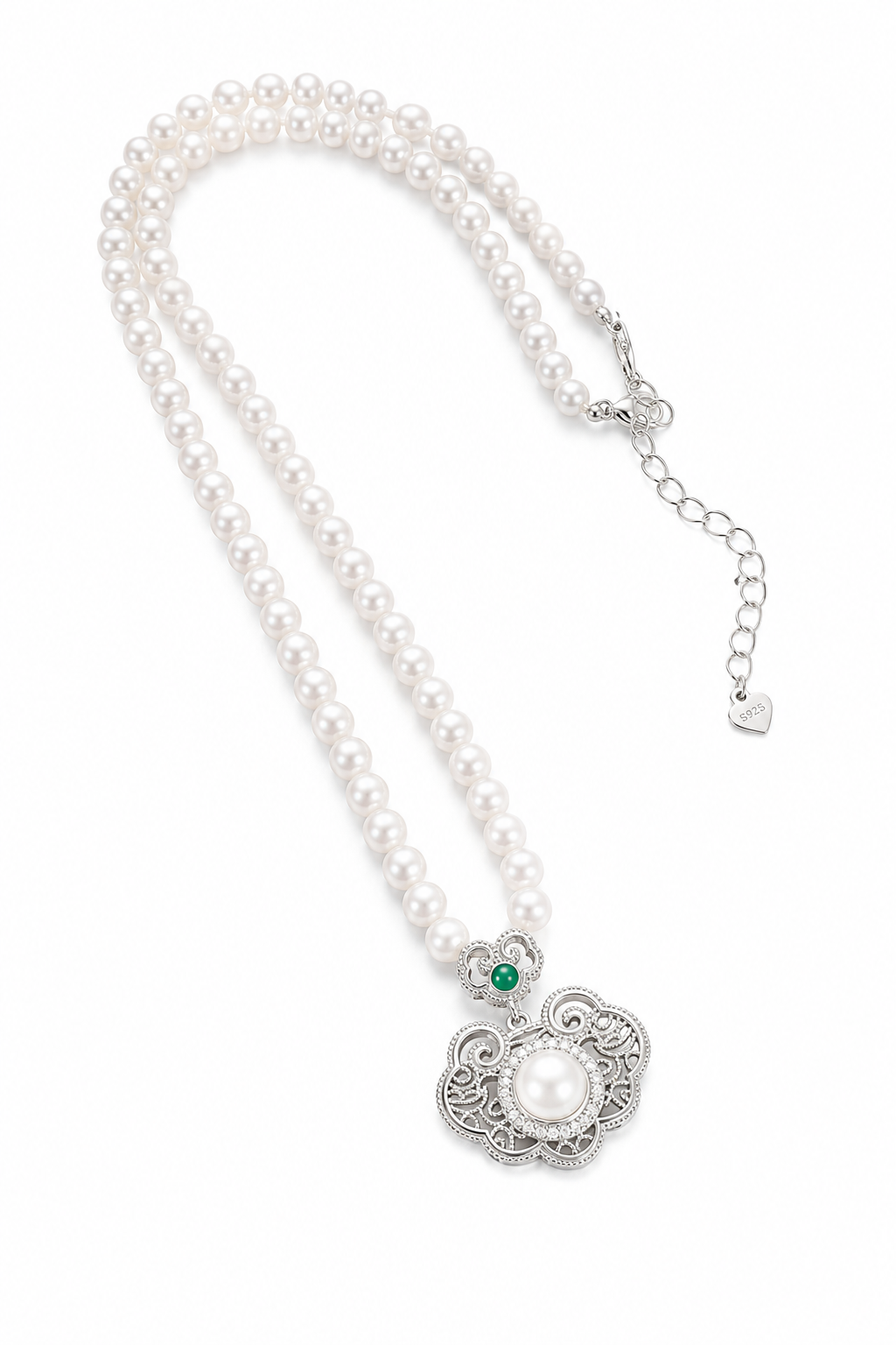 Freshwater Pearl and Water Moss Jade Necklace
