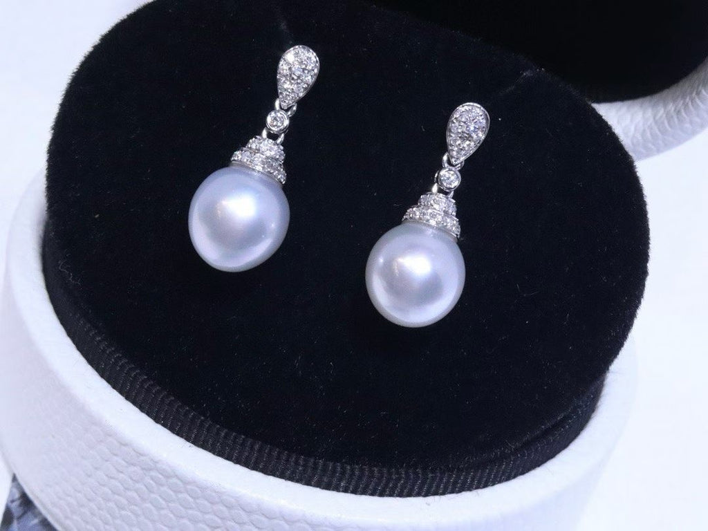 18K White Gold Diamond-Set 9mm Australian South Sea Pearl Stud Earrings