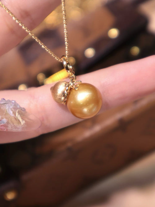 18K Gold Natural 12mm South Sea Golden Pearl Pendant Necklace