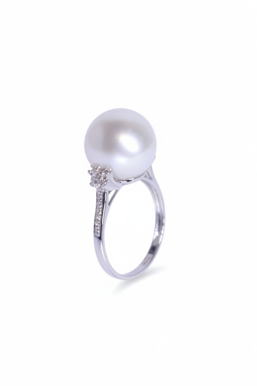 12.4mm Australian South Sea Pearl Ring in 18K White Gold with Diamond Accents