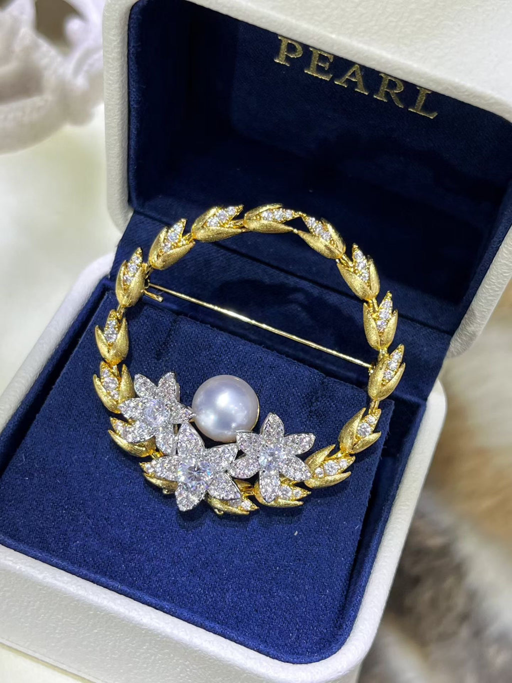 Natural Freshwater Pearl Floral Wreath Brooch with Crystal Accents