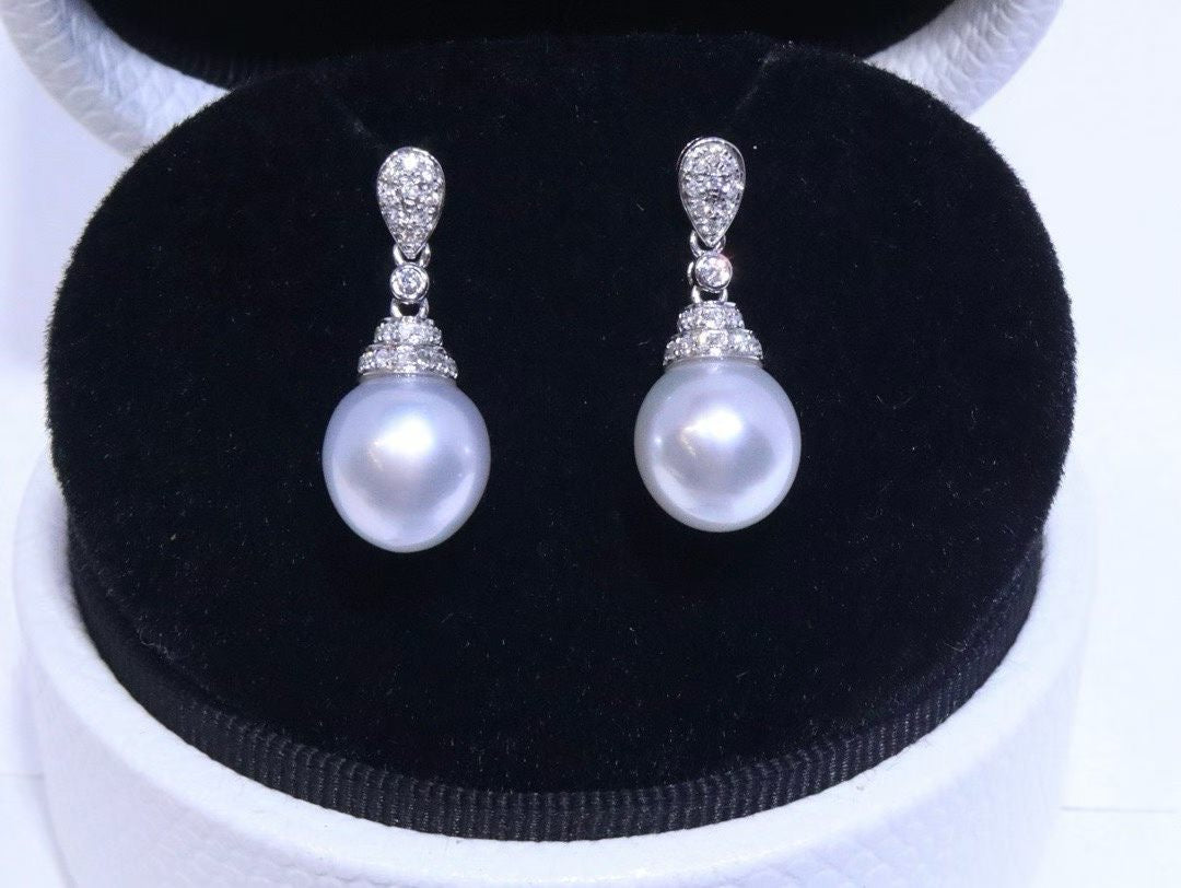 18K White Gold Diamond-Set 9mm Australian South Sea Pearl Stud Earrings