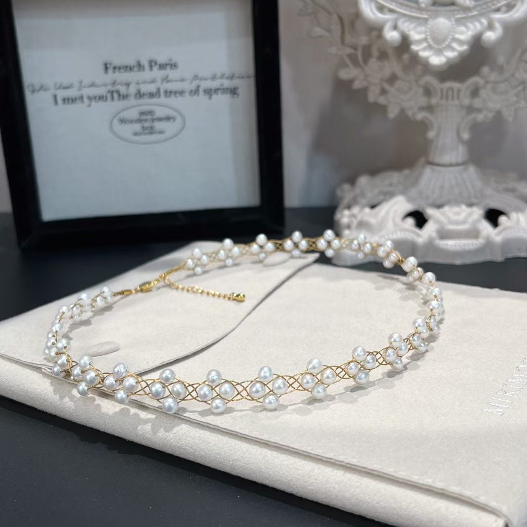 Lace Woven Natural Freshwater Pearl Choker Necklace