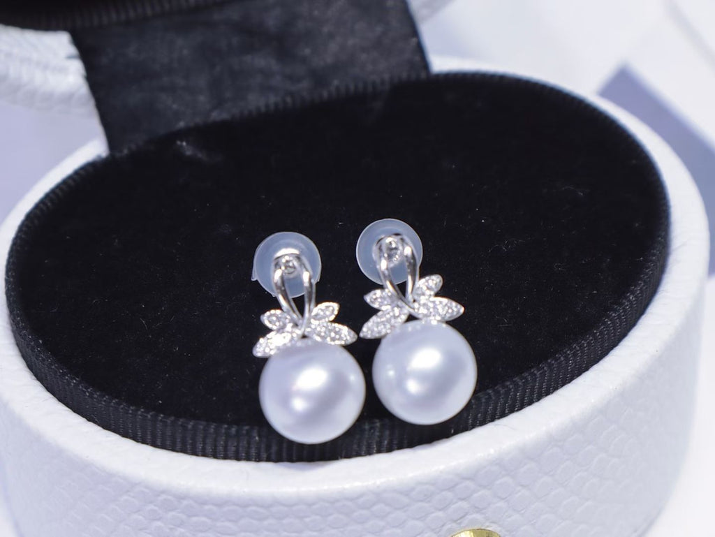 18K White Gold Diamond Butterfly Australian South Sea Pearl Stud Earrings