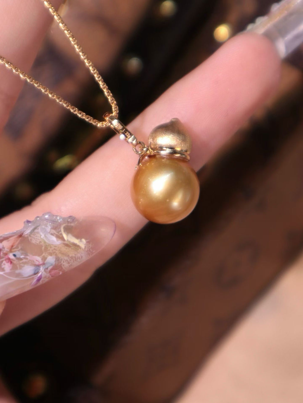 18K Gold Natural 12mm South Sea Golden Pearl Pendant Necklace