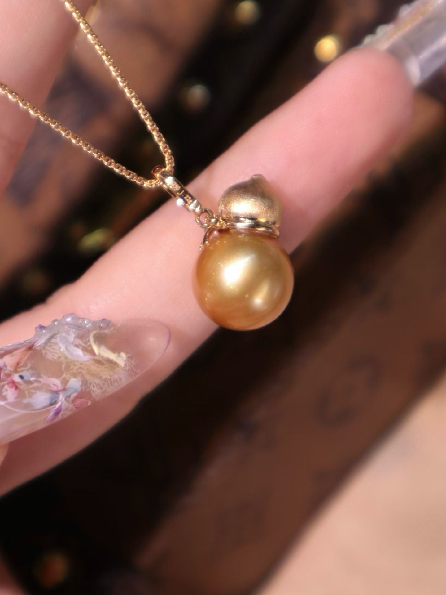 18K Gold Natural 12mm South Sea Golden Pearl Pendant Necklace