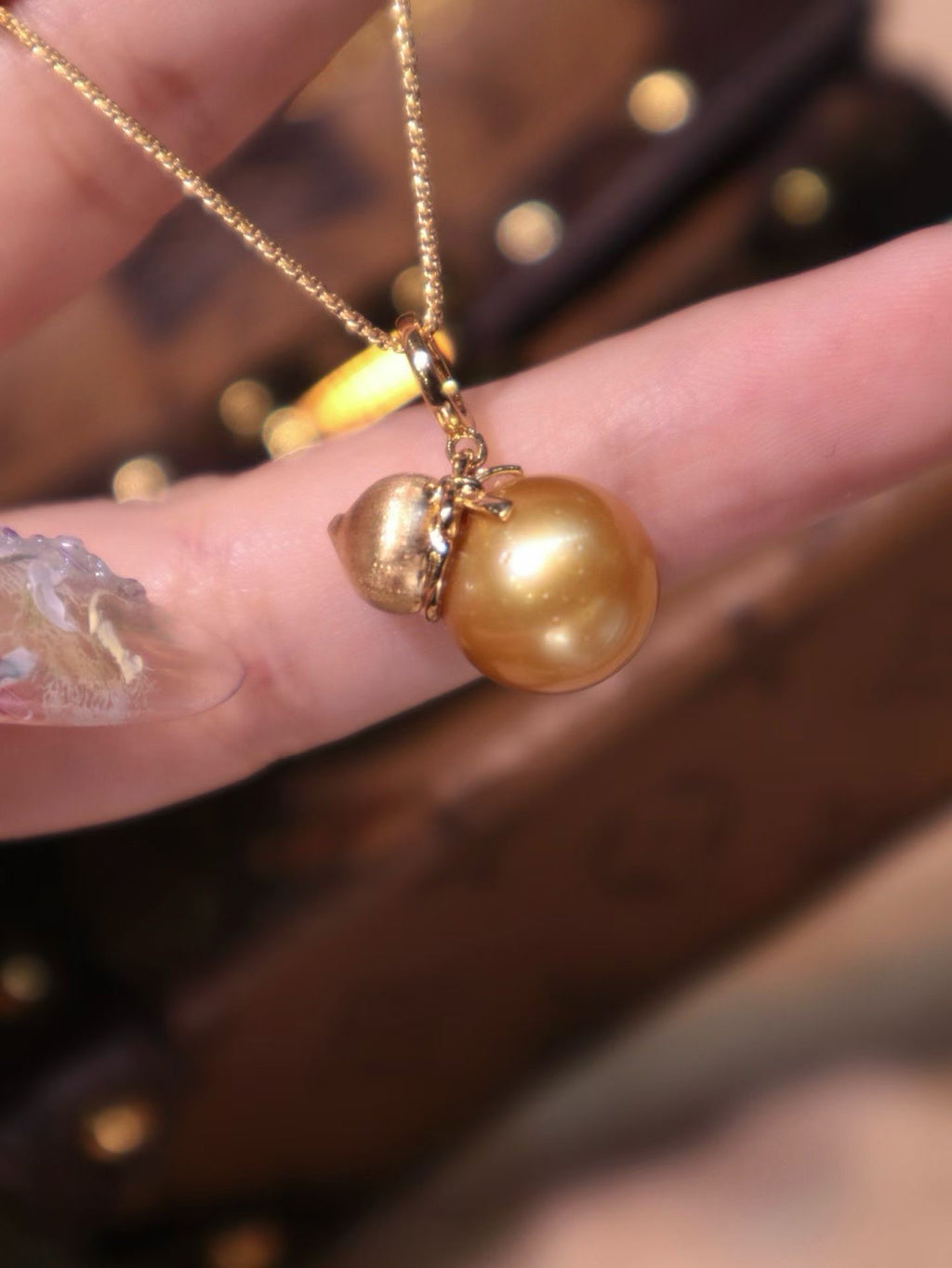18K Gold Natural 12mm South Sea Golden Pearl Pendant Necklace