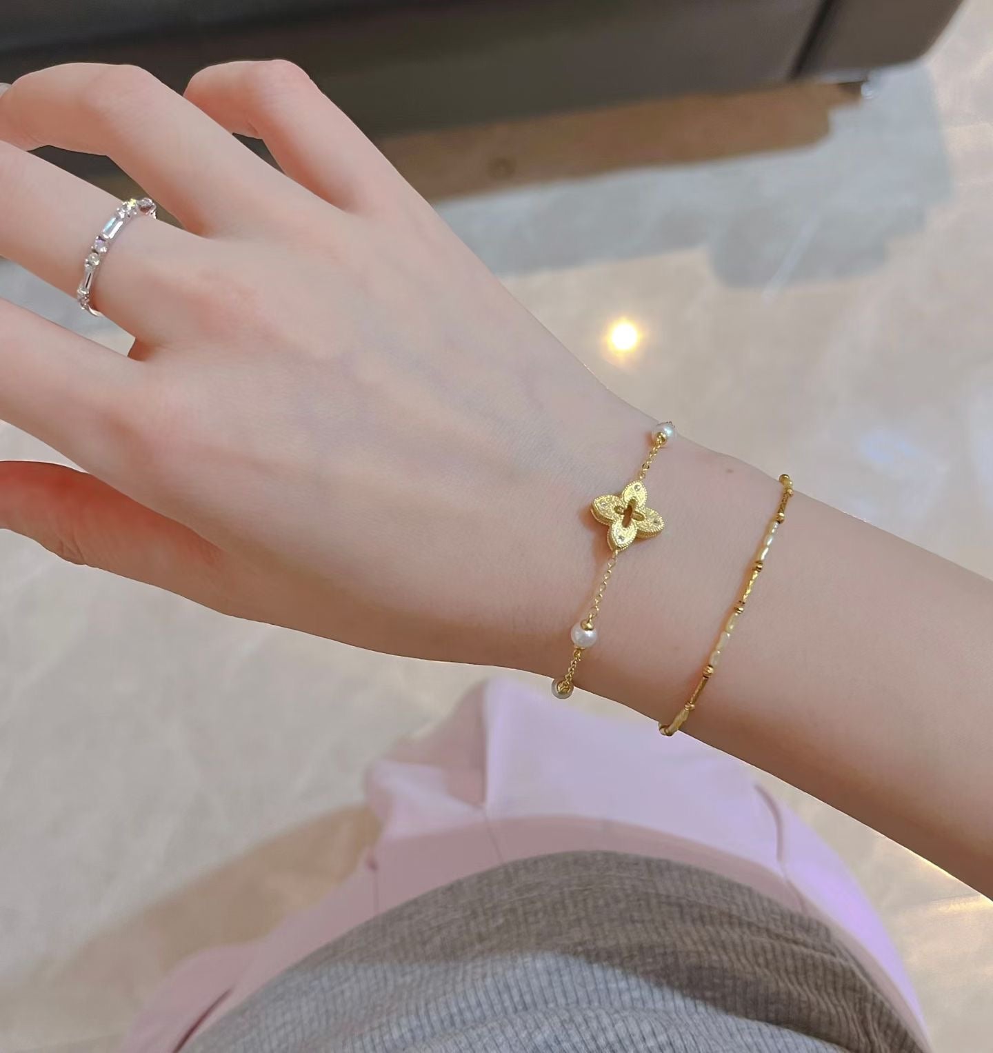 Natural Freshwater Pearl Four-Leaf Clover Charm Bracelet