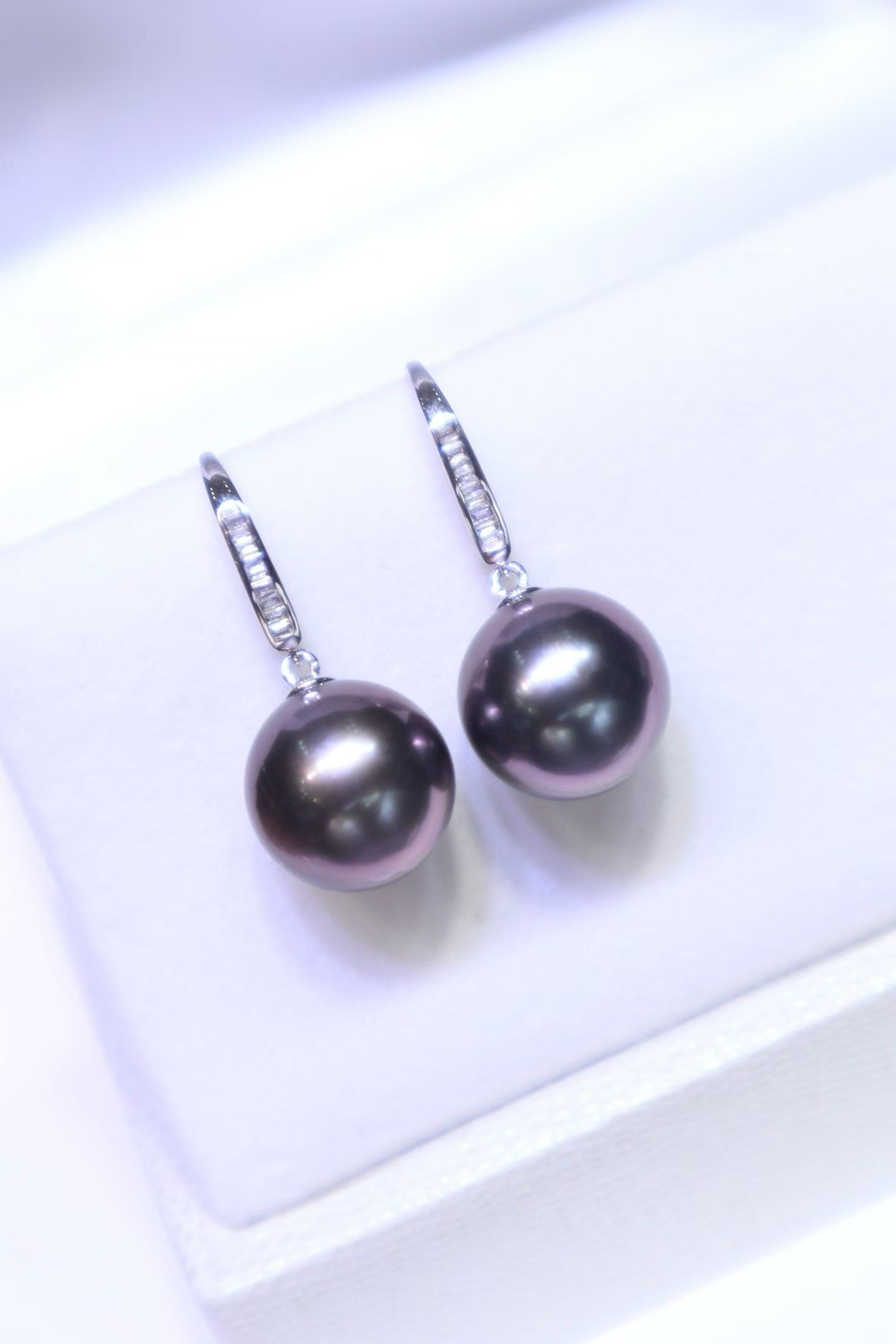 18K White Gold Diamond-Set 11.7mm Tahitian Black Pearl Earrings