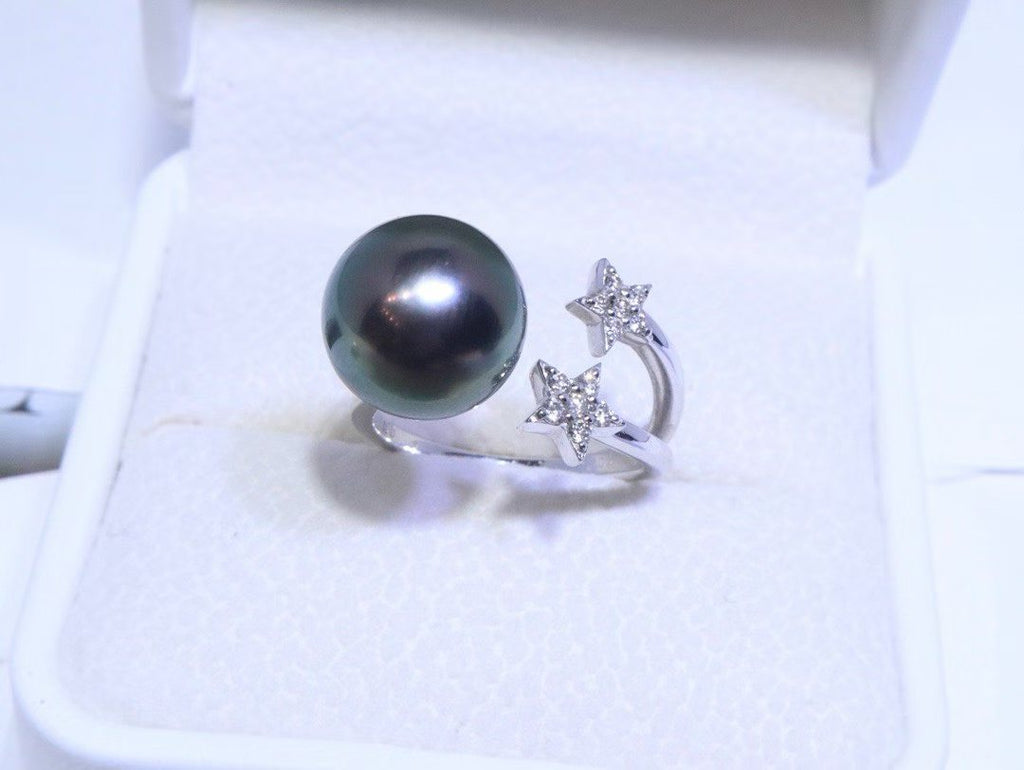 Tahitian Black Pearl Open Ring in 18K White Gold with Diamond Accents