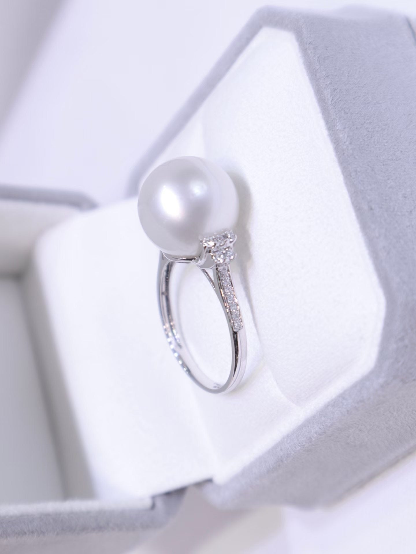 12.4mm Australian South Sea Pearl Ring in 18K White Gold with Diamond Accents